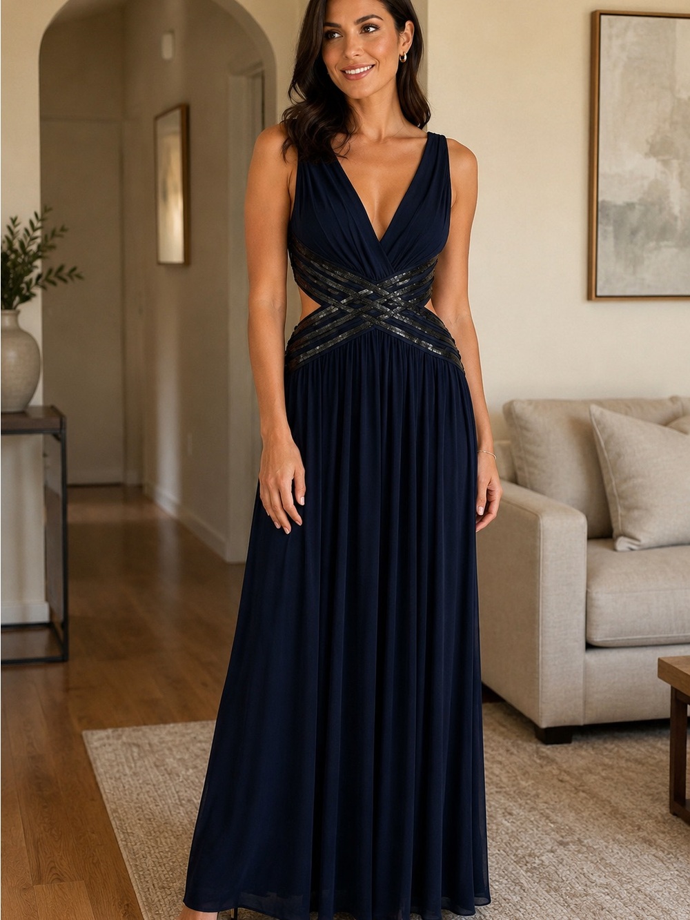 BCBGMAXAZRIA Navy Blue Sequin Backless Maxi Dress – Size M NWT